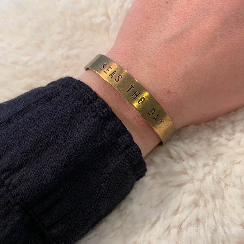 Engraved “Seas the day” Goldtone Cuff Bracelet